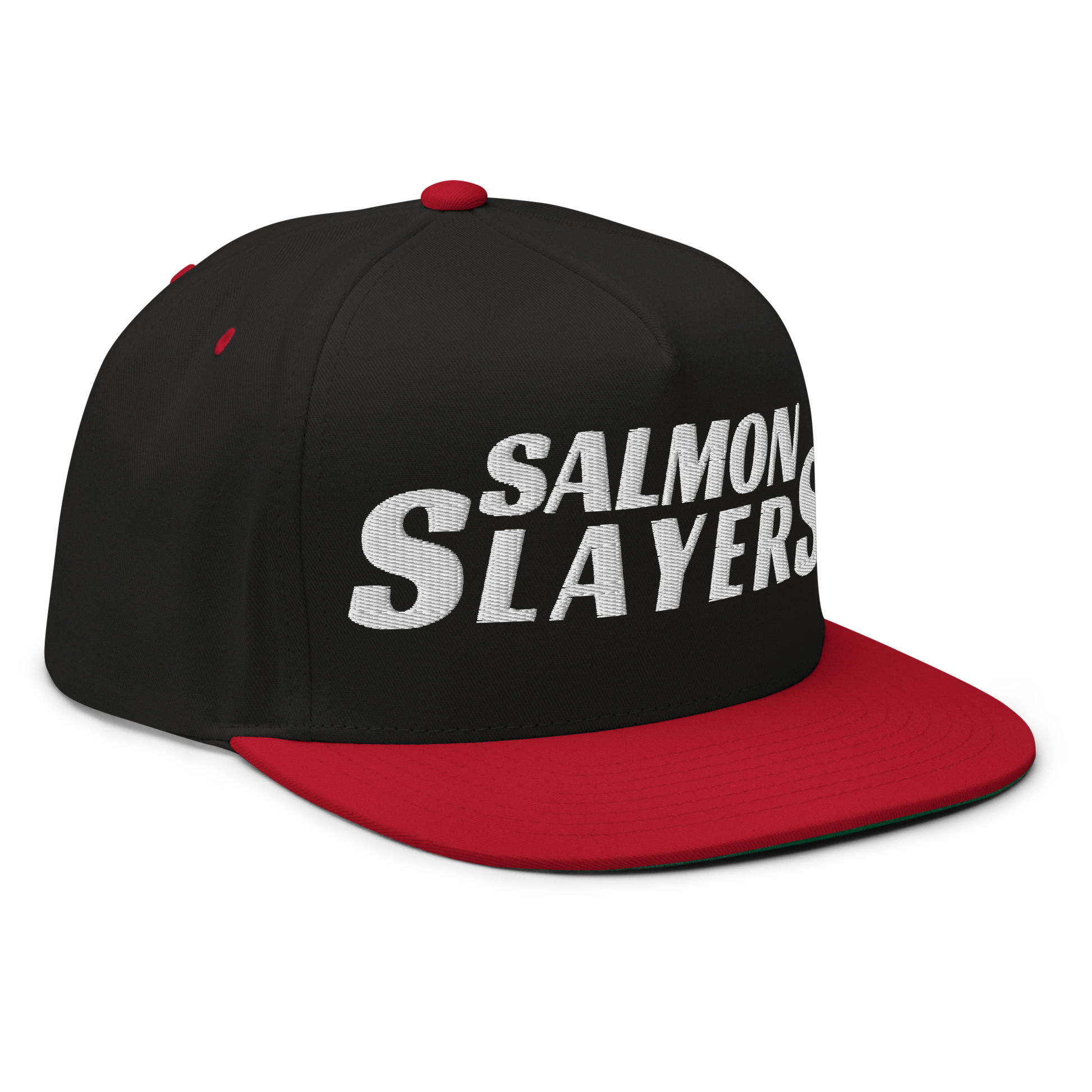 Black and red high profile cap with the words "Salmon Slayers" embroidered in bold, white letters on the front, featuring a snapback closure.