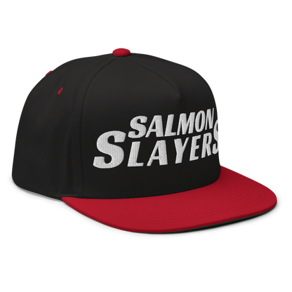 Black and red high profile cap with the words "Salmon Slayers" embroidered in bold, white letters on the front, featuring a snapback closure.