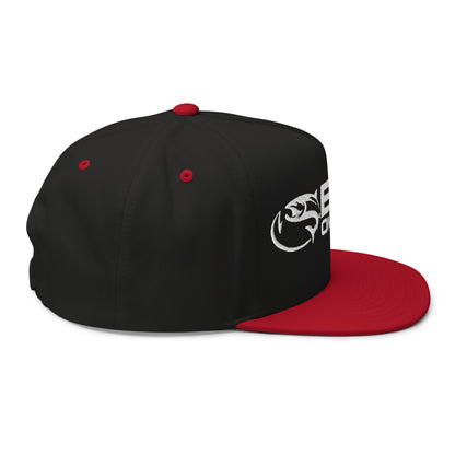 Black and red baseball cap with "Bent on Chrome - Flat Bill Cotton Twill Cap - Puffer Embroidery" text and a stylized fish logo embroidered on the front, featuring a snapback closure.