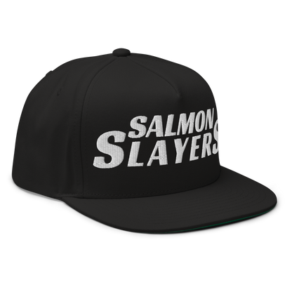 Black and red high profile cap with the words "Salmon Slayers" embroidered in bold, white letters on the front, featuring a snapback closure.