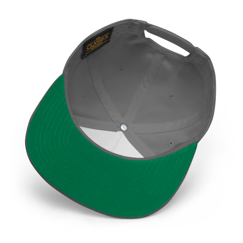 Beneath the stylish design of the Salmon Slayers - Flat Bill Cap lies a well-crafted piece made from soft cotton twill, featuring a green brim and a gray interior. The inside is enhanced by neat stitching, a label near the top, and it boasts a convenient snapback closure for adjustable comfort.