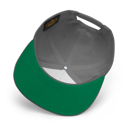 Beneath the stylish design of the Salmon Slayers - Flat Bill Cap lies a well-crafted piece made from soft cotton twill, featuring a green brim and a gray interior. The inside is enhanced by neat stitching, a label near the top, and it boasts a convenient snapback closure for adjustable comfort.