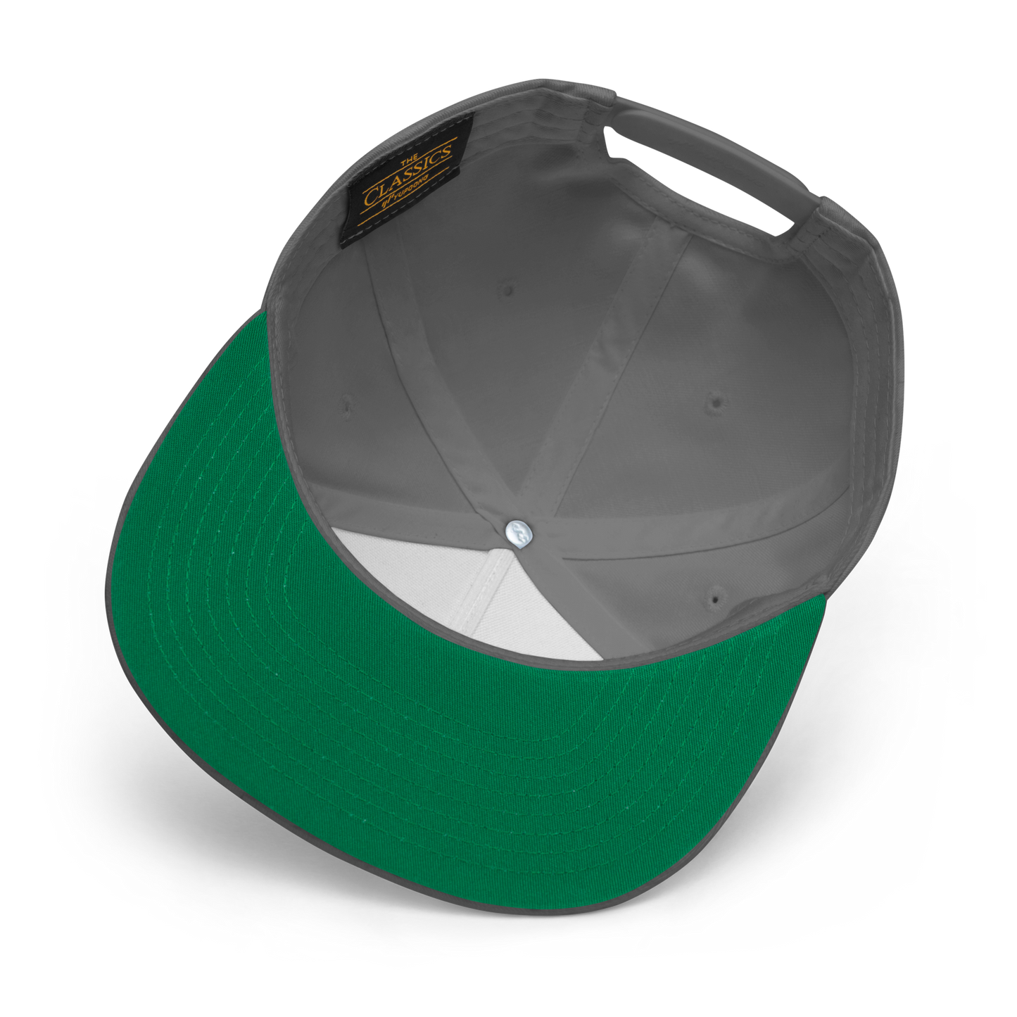 A black ***Salmon Slayers - Sport - Flat Bill Cap*** with a high-profile fit and snapback closure, featuring an embroidered design of a stylized salmon and "SALMON SLAYERS" in bold white letters above and below the fish. The green undervisor adds a unique touch to this stylish cap.