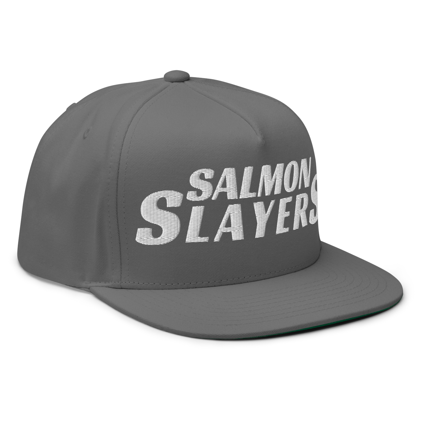 The Salmon Slayers Flat Bill Cap is a gray snapback hat emblazoned with "SALMON SLAYERS" in bold white text on the front, made from soft cotton twill and featuring an adjustable snapback closure for optimal fit.