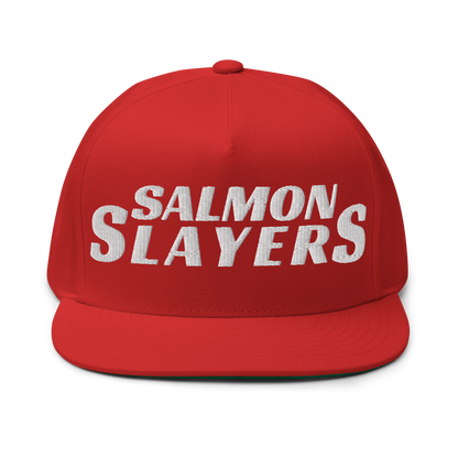 Salmon Slayers Flat Bill Cap, red high-profile, green undervisor, snapback closure.