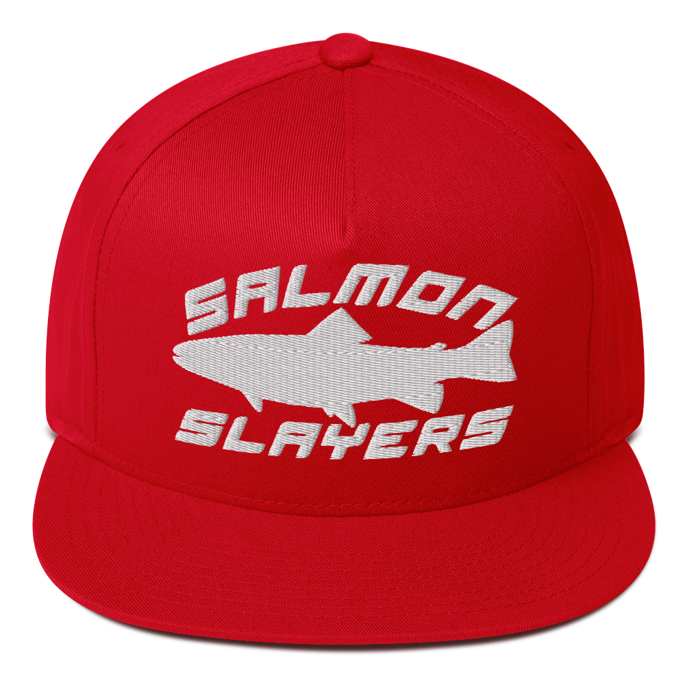 A black ***Salmon Slayers - Sport - Flat Bill Cap*** with a high-profile fit and snapback closure, featuring an embroidered design of a stylized salmon and "SALMON SLAYERS" in bold white letters above and below the fish. The green undervisor adds a unique touch to this stylish cap.