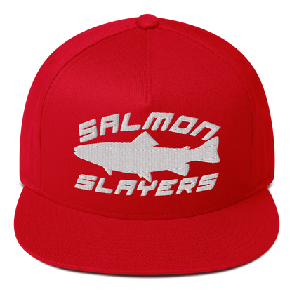 A black ***Salmon Slayers - Sport - Flat Bill Cap*** with a high-profile fit and snapback closure, featuring an embroidered design of a stylized salmon and "SALMON SLAYERS" in bold white letters above and below the fish. The green undervisor adds a unique touch to this stylish cap.