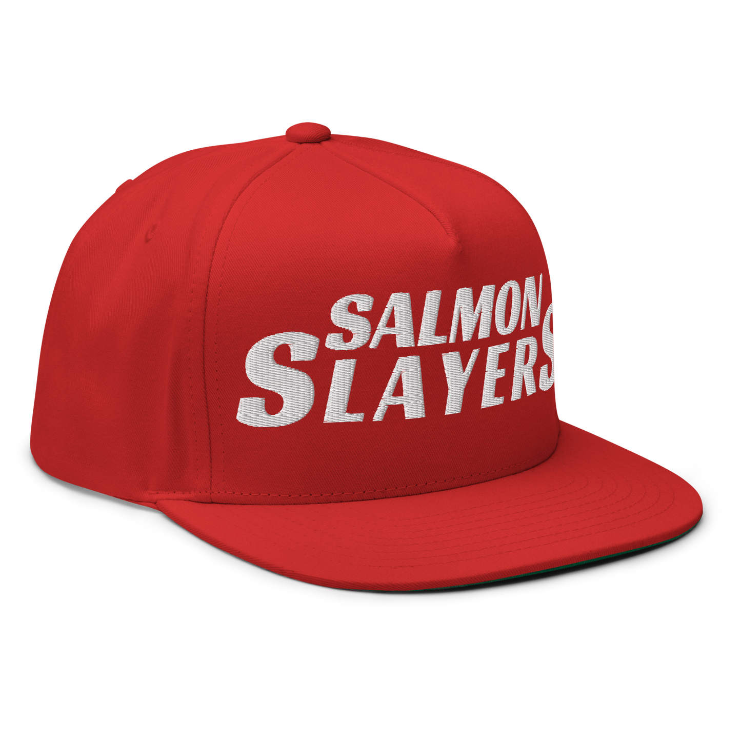 The Salmon Slayers - Flat Bill Cap is a red cotton twill snapback featuring bold white embroidered "SALMON SLAYERS" text on the front. It has a flat brim and secure snapback closure, shown against a plain black background.