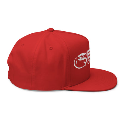 Black and red baseball cap with "Bent on Chrome - Flat Bill Cotton Twill Cap - Puffer Embroidery" text and a stylized fish logo embroidered on the front, featuring a snapback closure.