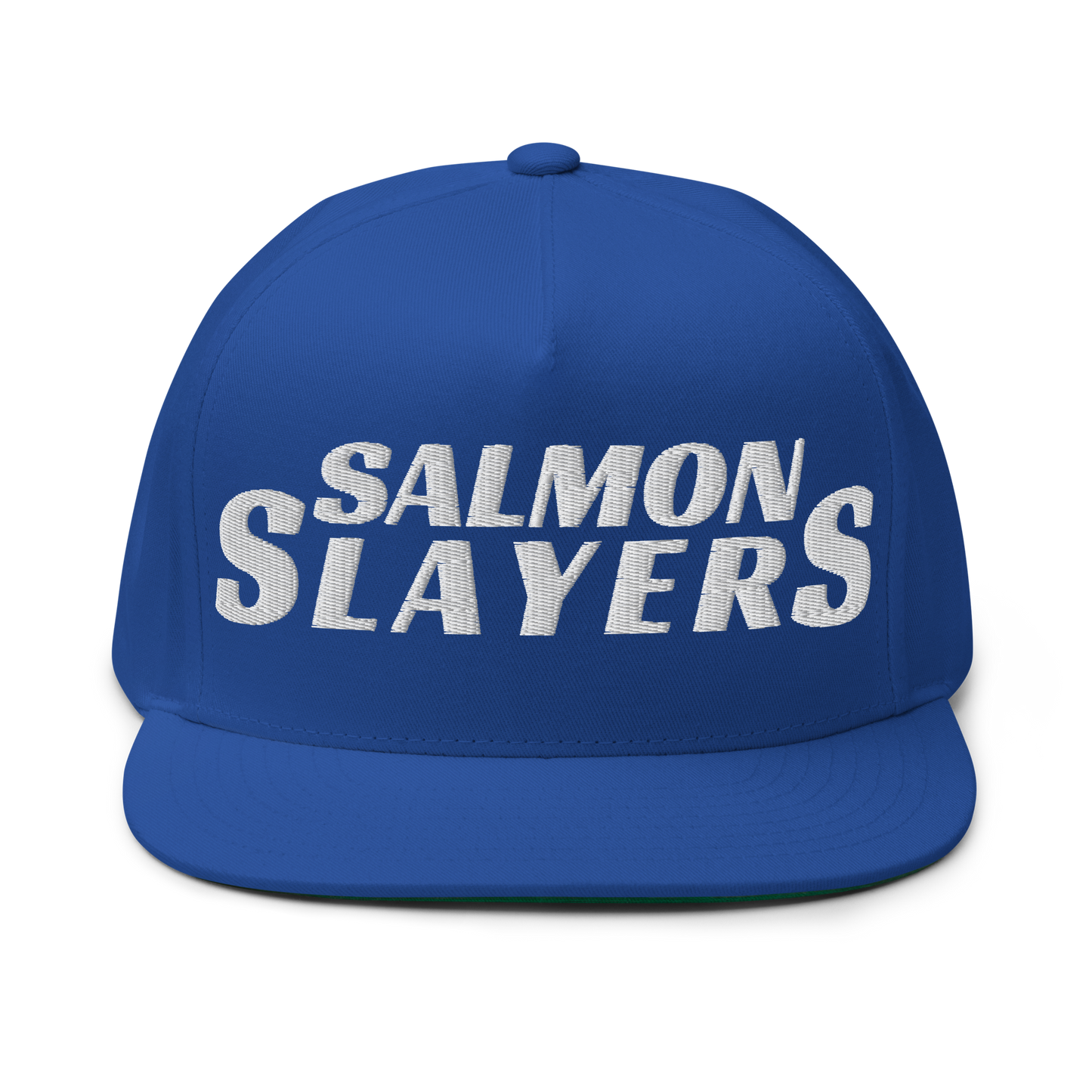 Introducing the Salmon Slayers - Flat Bill Cap: a stylish blue cotton twill cap with "SALMON SLAYERS" embroidered in white on the front, complete with a convenient snapback closure, photographed against a black background.