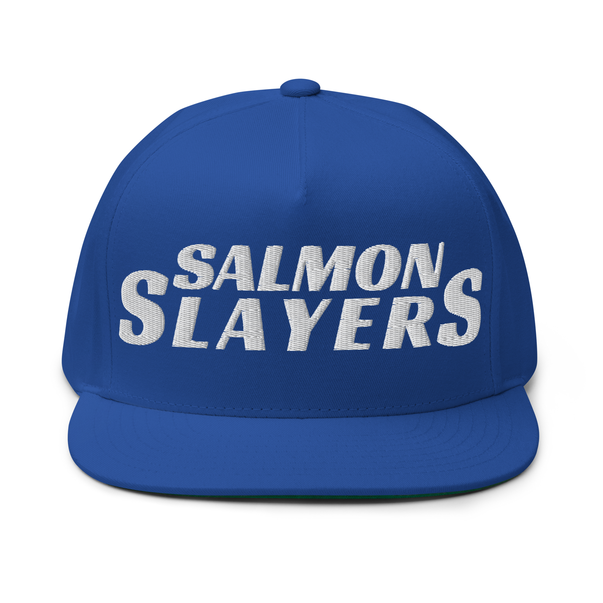 Introducing the Salmon Slayers - Flat Bill Cap: a stylish blue cotton twill cap with "SALMON SLAYERS" embroidered in white on the front, complete with a convenient snapback closure, photographed against a black background.