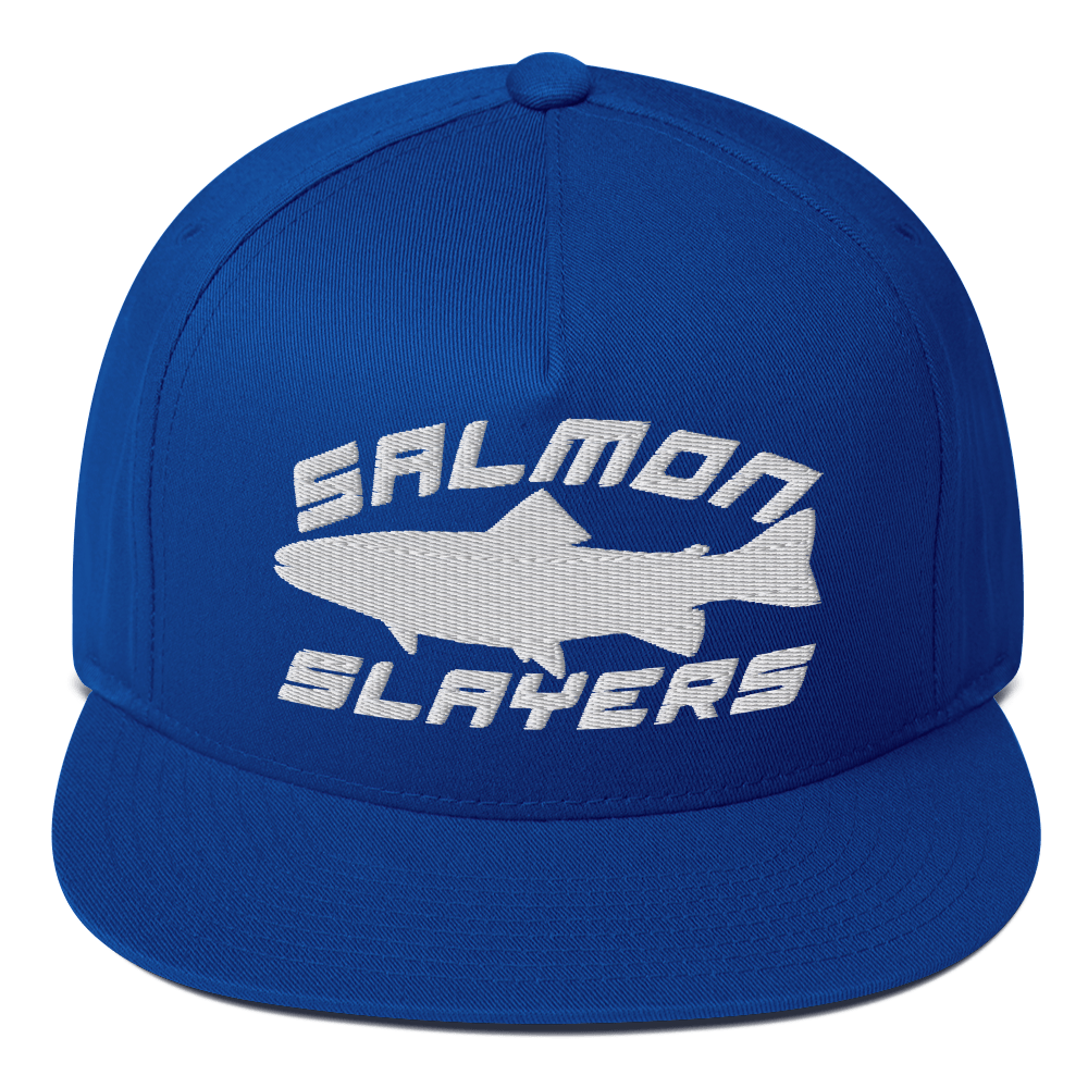 A black ***Salmon Slayers - Sport - Flat Bill Cap*** with a high-profile fit and snapback closure, featuring an embroidered design of a stylized salmon and "SALMON SLAYERS" in bold white letters above and below the fish. The green undervisor adds a unique touch to this stylish cap.