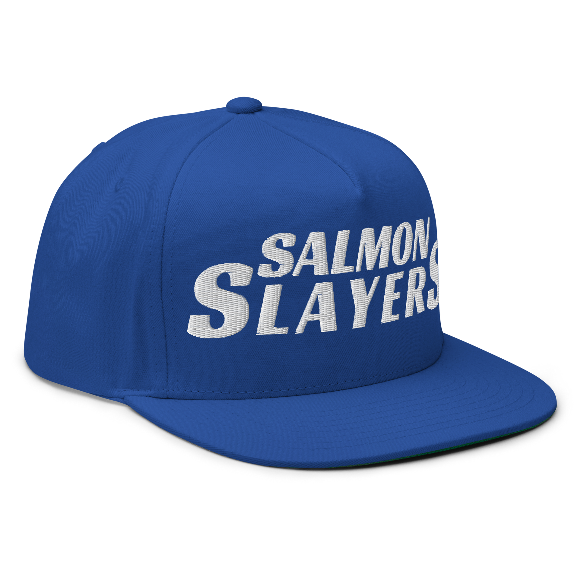 Flat bill cap in blue cotton twill displays "Salmon Slayers" embroidered in white on the front, featuring a convenient snapback closure, set against a black background.