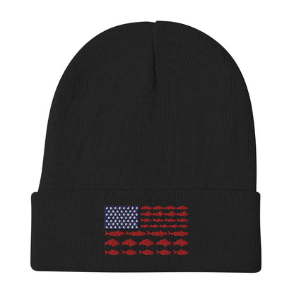 The "Fishing Flag - Embroidered Beanie" is a gray hat featuring a unique patriotic design on the front. The design resembles the American flag, with white stars on a blue background in the top left corner and horizontal red stripes made up of fish, instead of the traditional solid stripes.