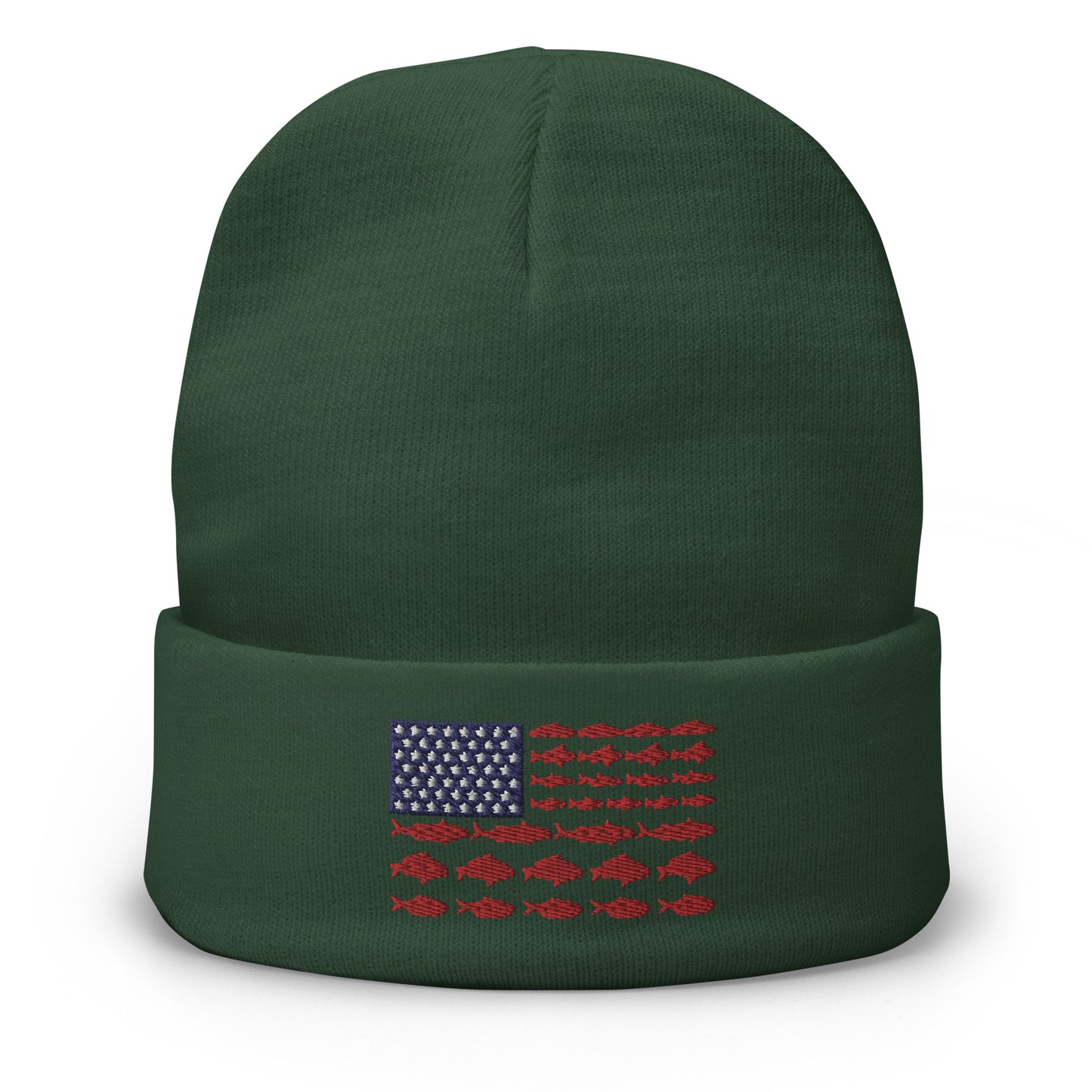 The "Fishing Flag - Embroidered Beanie" is a gray hat featuring a unique patriotic design on the front. The design resembles the American flag, with white stars on a blue background in the top left corner and horizontal red stripes made up of fish, instead of the traditional solid stripes.