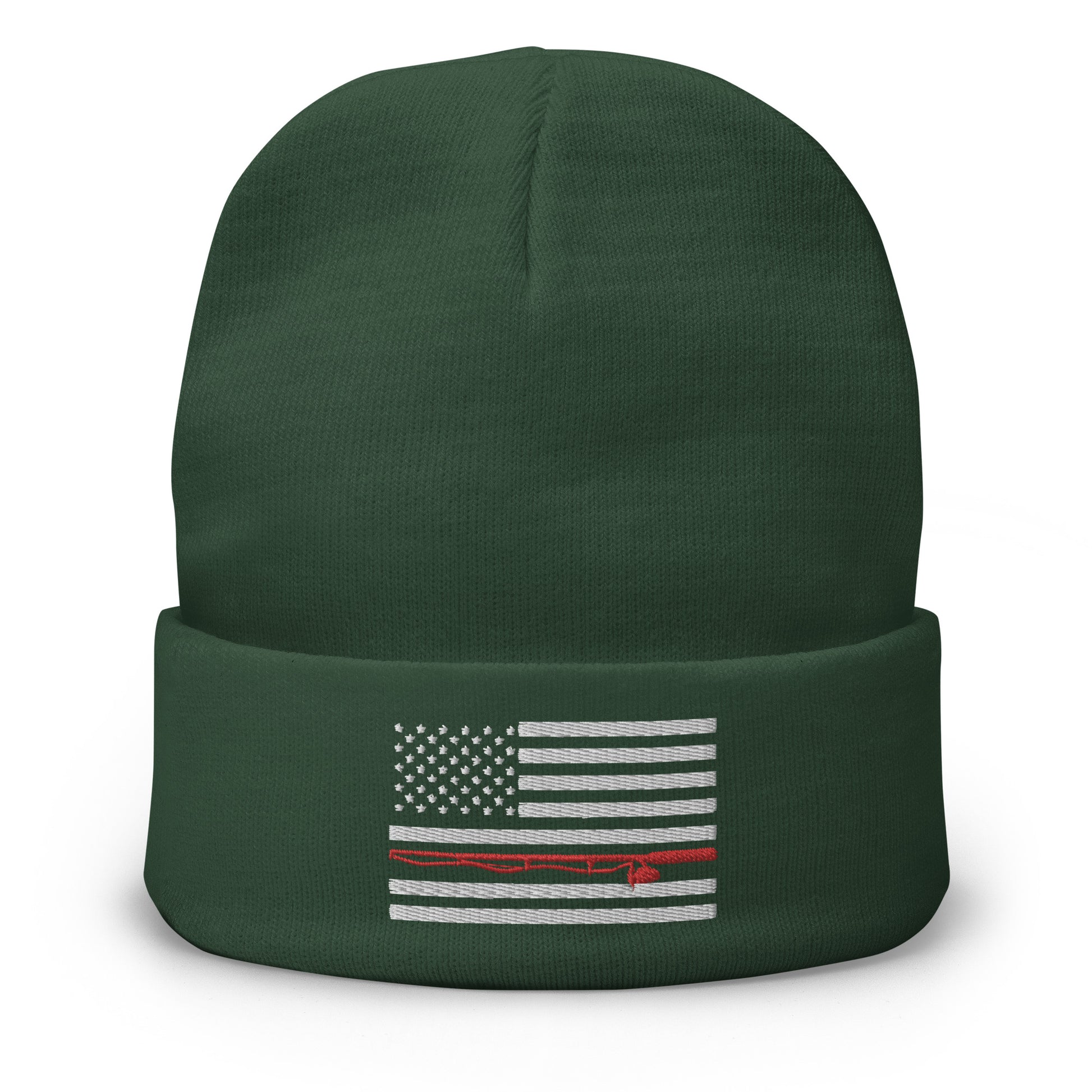 The Fishing Flag - Embroidered Beanie is a cozy black knit hat featuring an embroidered black and white American flag design. This flag includes a single thin red line running horizontally through the center, symbolizing support for firefighters. Perfect for showing your patriotism while staying warm on the water.