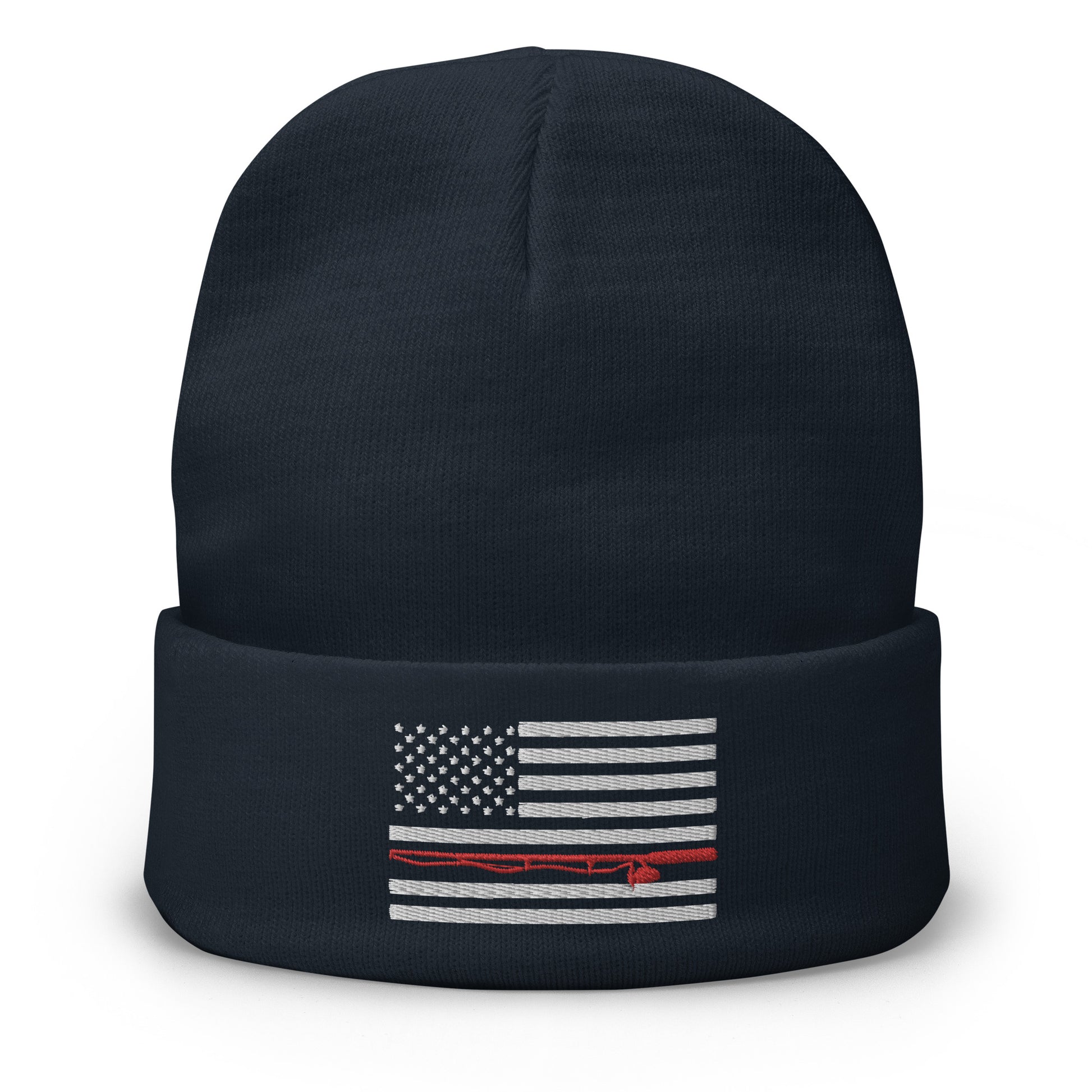 The Fishing Flag - Embroidered Beanie is a cozy black knit hat featuring an embroidered black and white American flag design. This flag includes a single thin red line running horizontally through the center, symbolizing support for firefighters. Perfect for showing your patriotism while staying warm on the water.