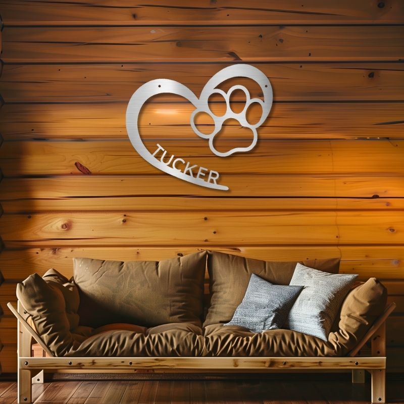 Customizable laser-cut steel sign with a heart and paw design, featuring space for a dog’s name.