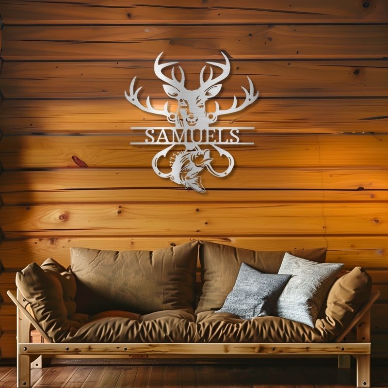 Outdoorsman Monogram customizable laser-cut steel sign with deer and bass silhouette, displayed on wooden wall.