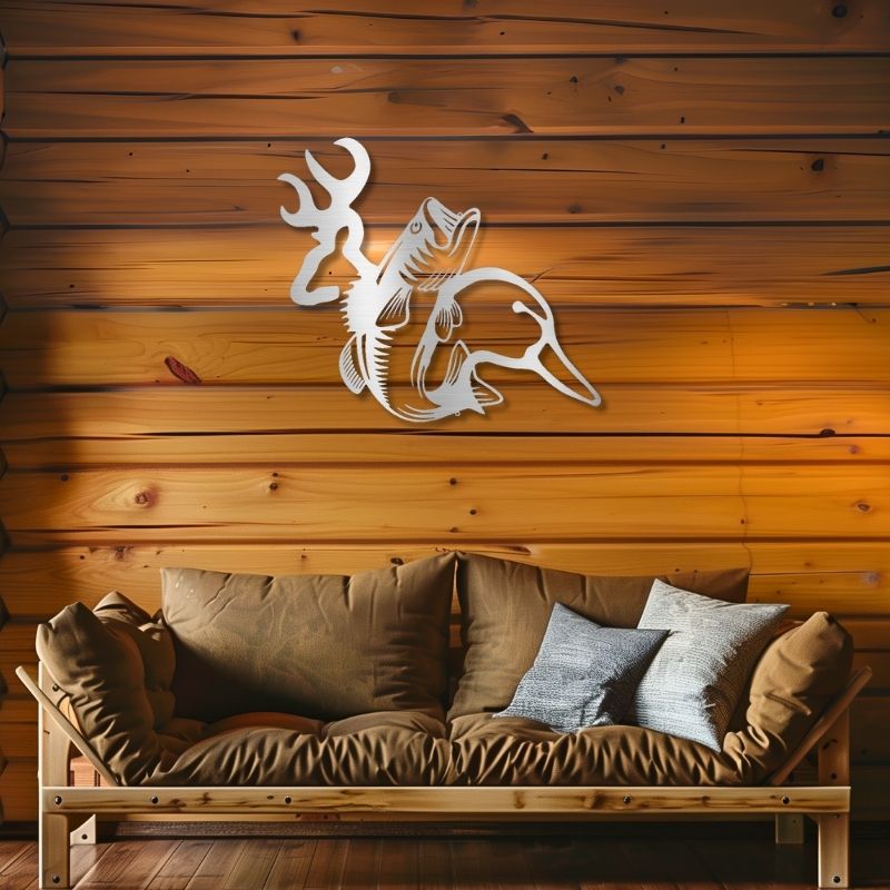 Wildlife Calling - Laser-Cut Steel Sign featuring deer, fish, and duck on wooden wall.