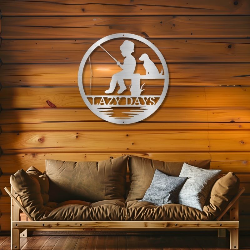 Customizable laser-cut steel sign featuring child and dog fishing, Fisher Monogram.