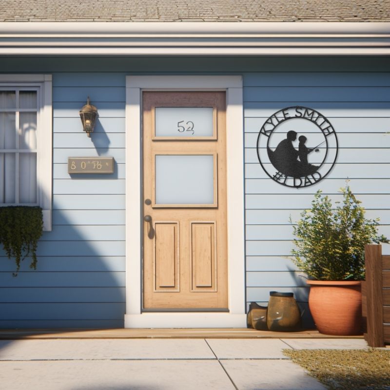 Customizable laser-cut steel sign of father and son fishing, suitable for personalization, displayed beside a house door.