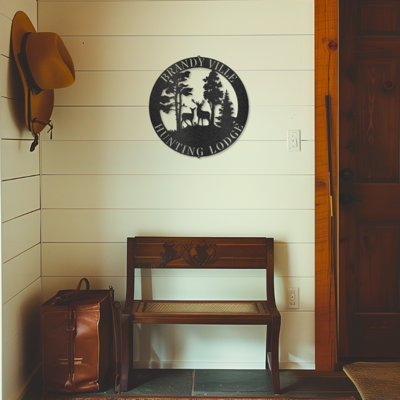 Deer Scene customizable laser-cut steel sign with buck and doe monogram, hung in rustic entryway.