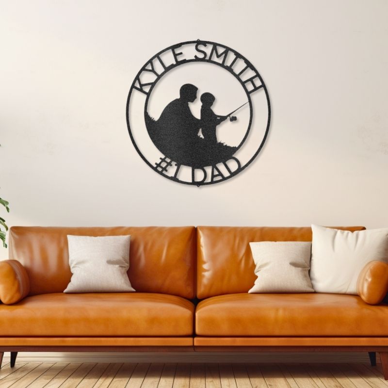 Customizable laser-cut steel sign featuring father and son fishing theme, perfect for personalization.