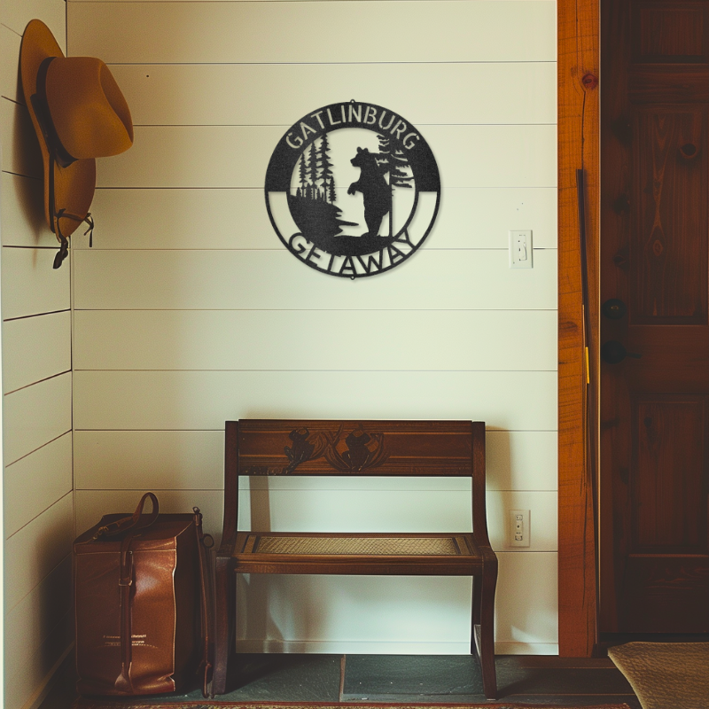 Customizable laser-cut steel sign with a lone bear monogram, featuring a bear against a forest backdrop, adding wild beauty to any space.