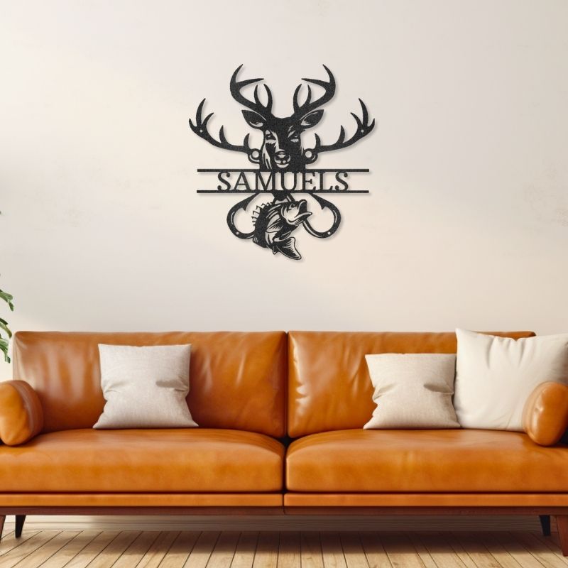 Customizable laser-cut steel sign featuring deer and bass silhouettes, perfect for outdoors enthusiasts.