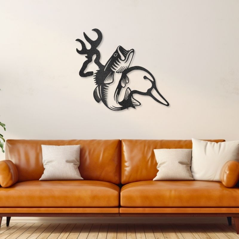 Wildlife Calling laser-cut steel sign featuring deer, fish, and duck design above a sofa.