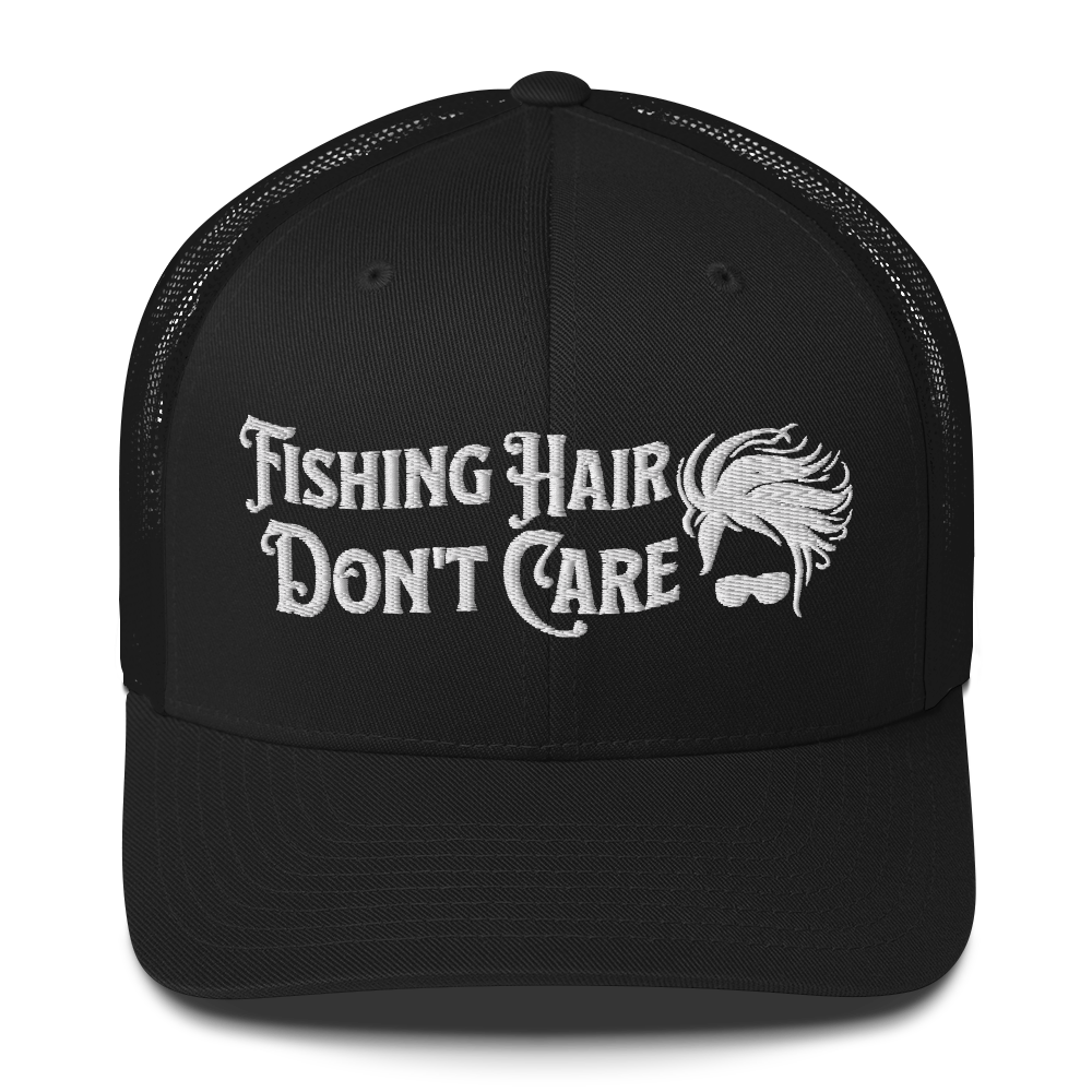 A black and white Fishing Hair, Don't Care - Trucker Style Fishing Cap with a curved brim and mesh back. The front of the cap features the embroidered text "Fishing Hair Don't Care" in white thread next to an image of stylized windblown hair and stylish sunglasses, perfect for fishing enthusiasts.