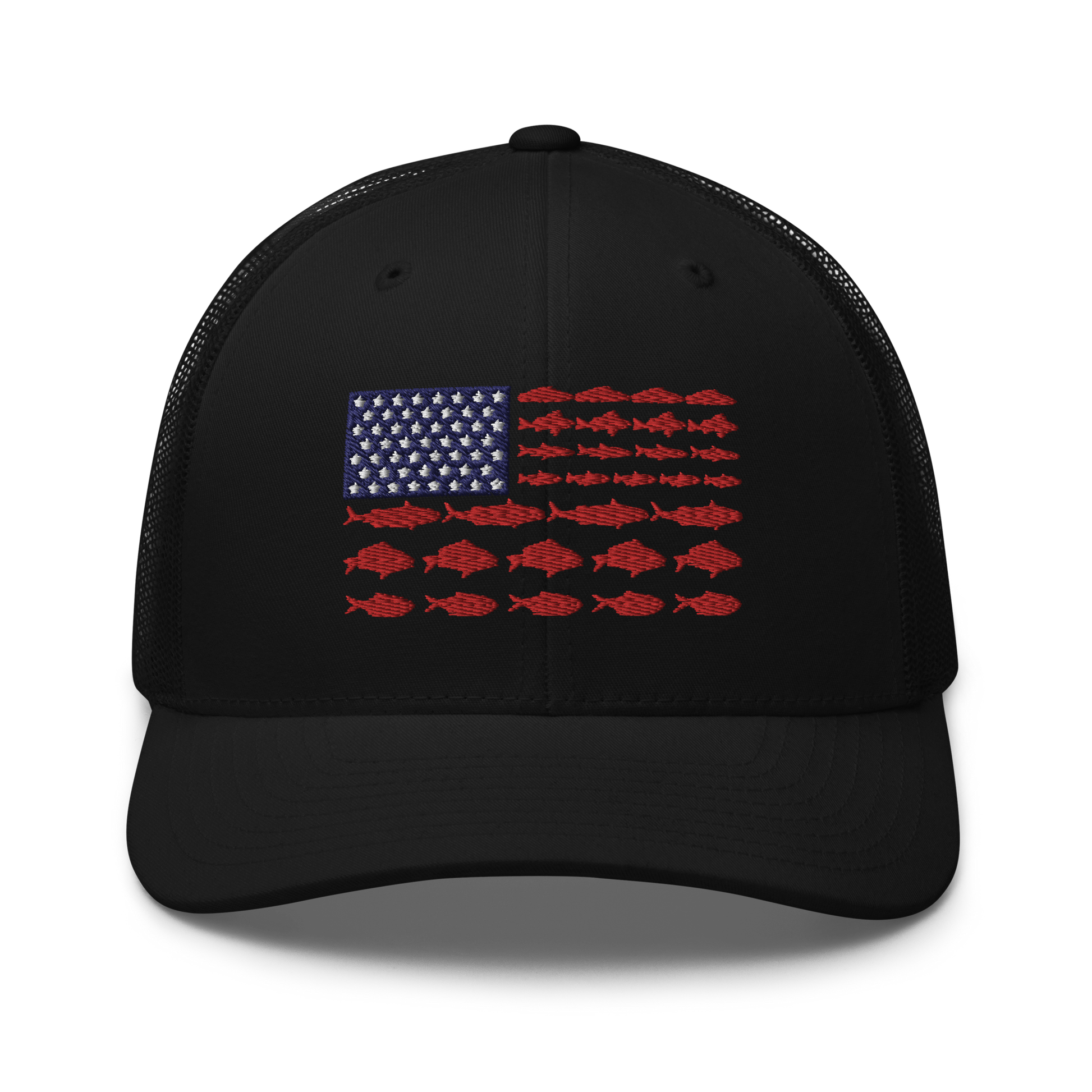 This Fishy Flag Trucker Cap is a black baseball cap featuring an American flag design made up of fish. The blue and white stars section is in the top left, while the red stripes are composed of small fish silhouettes, making it perfect for fishing enthusiasts.