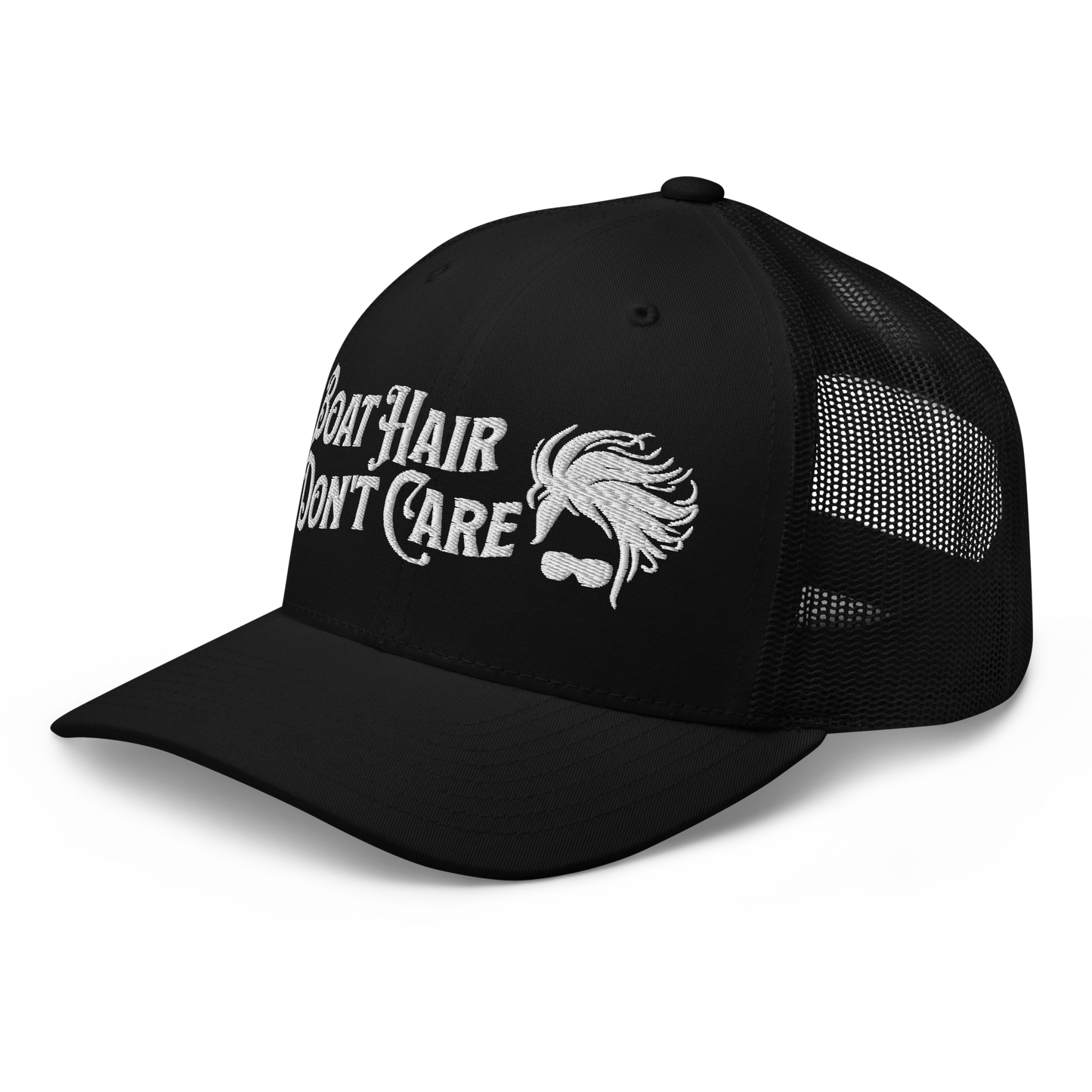 A Boat Hair, Don't Care - Trucker Style Fishing Cap with white mesh backing featuring the embroidered text "Boat Hair Don't Care" alongside a stylized illustration of hair blowing in the wind and a pair of sunglasses, making it the perfect fishing cap for your next adventure.