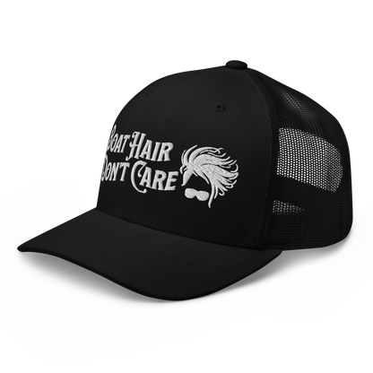 A Boat Hair, Don't Care - Trucker Style Fishing Cap with white mesh backing featuring the embroidered text "Boat Hair Don't Care" alongside a stylized illustration of hair blowing in the wind and a pair of sunglasses, making it the perfect fishing cap for your next adventure.