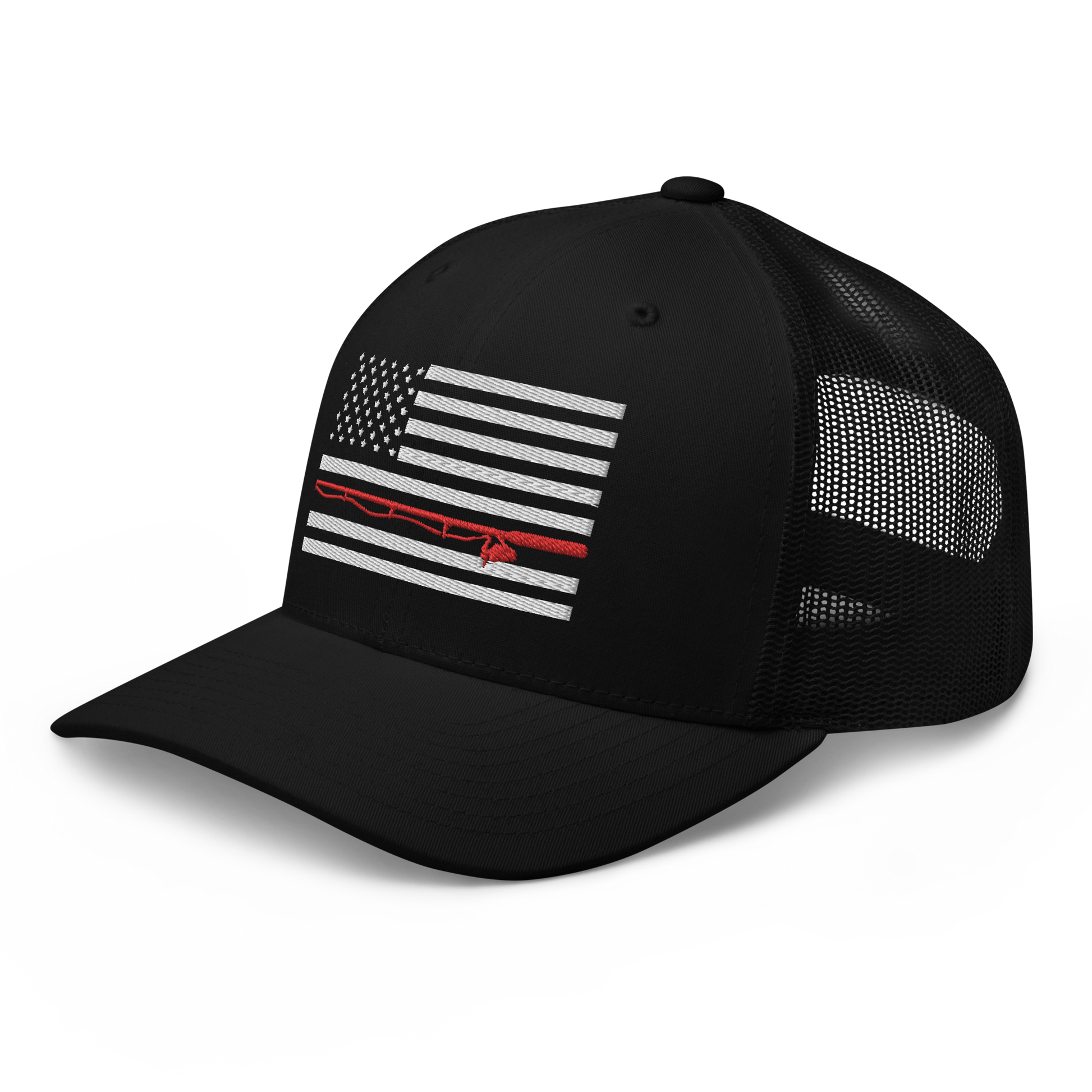 A black Fishing Flag Trucker Cap with an embroidered design of the American flag in white and gray. One of the horizontal stripes is red and features a silhouette of a bass fish. The flag design is centered on the front panel of this fishing enthusiasts hat.