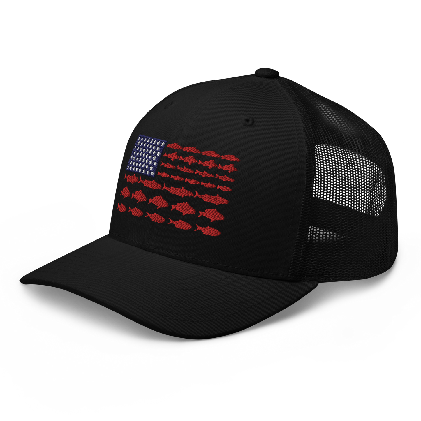 This Fishy Flag Trucker Cap is a black baseball cap featuring an American flag design made up of fish. The blue and white stars section is in the top left, while the red stripes are composed of small fish silhouettes, making it perfect for fishing enthusiasts.