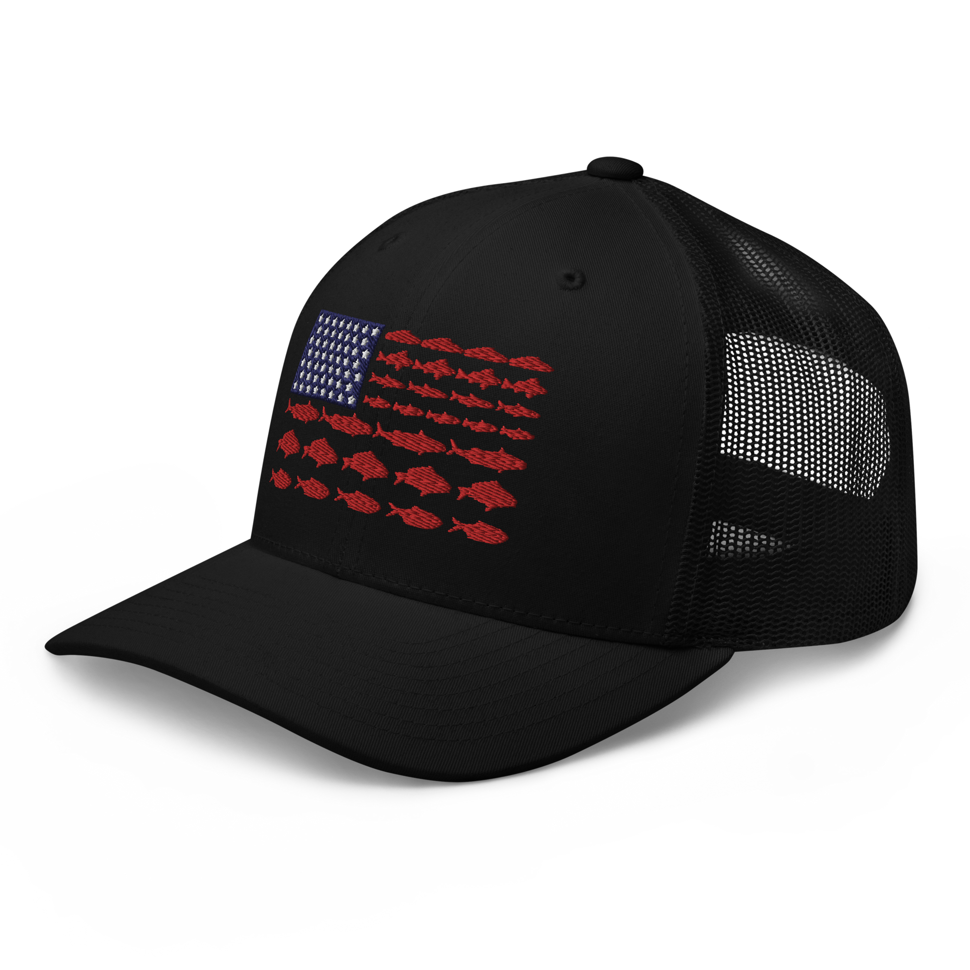 This Fishy Flag Trucker Cap is a black baseball cap featuring an American flag design made up of fish. The blue and white stars section is in the top left, while the red stripes are composed of small fish silhouettes, making it perfect for fishing enthusiasts.