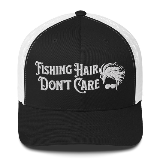 A black and white Fishing Hair, Don't Care - Trucker Style Fishing Cap with a curved brim and mesh back. The front of the cap features the embroidered text "Fishing Hair Don't Care" in white thread next to an image of stylized windblown hair and stylish sunglasses, perfect for fishing enthusiasts.