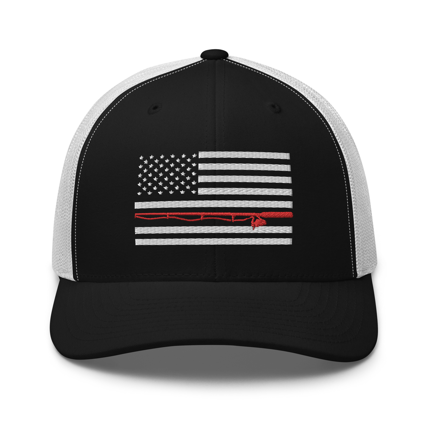 A black Fishing Flag Trucker Cap with an embroidered design of the American flag in white and gray. One of the horizontal stripes is red and features a silhouette of a bass fish. The flag design is centered on the front panel of this fishing enthusiasts hat.