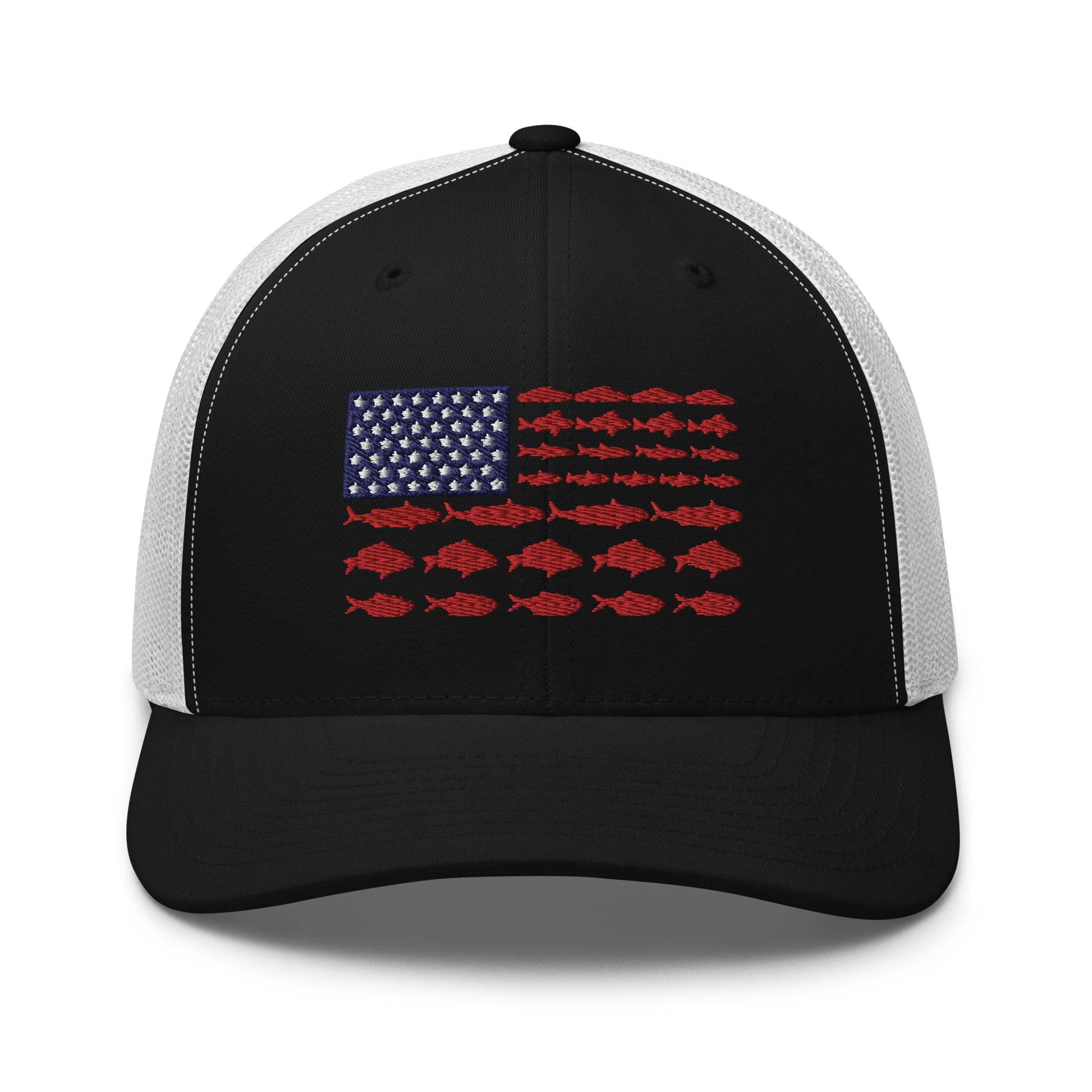 This Fishy Flag Trucker Cap is a black baseball cap featuring an American flag design made up of fish. The blue and white stars section is in the top left, while the red stripes are composed of small fish silhouettes, making it perfect for fishing enthusiasts.