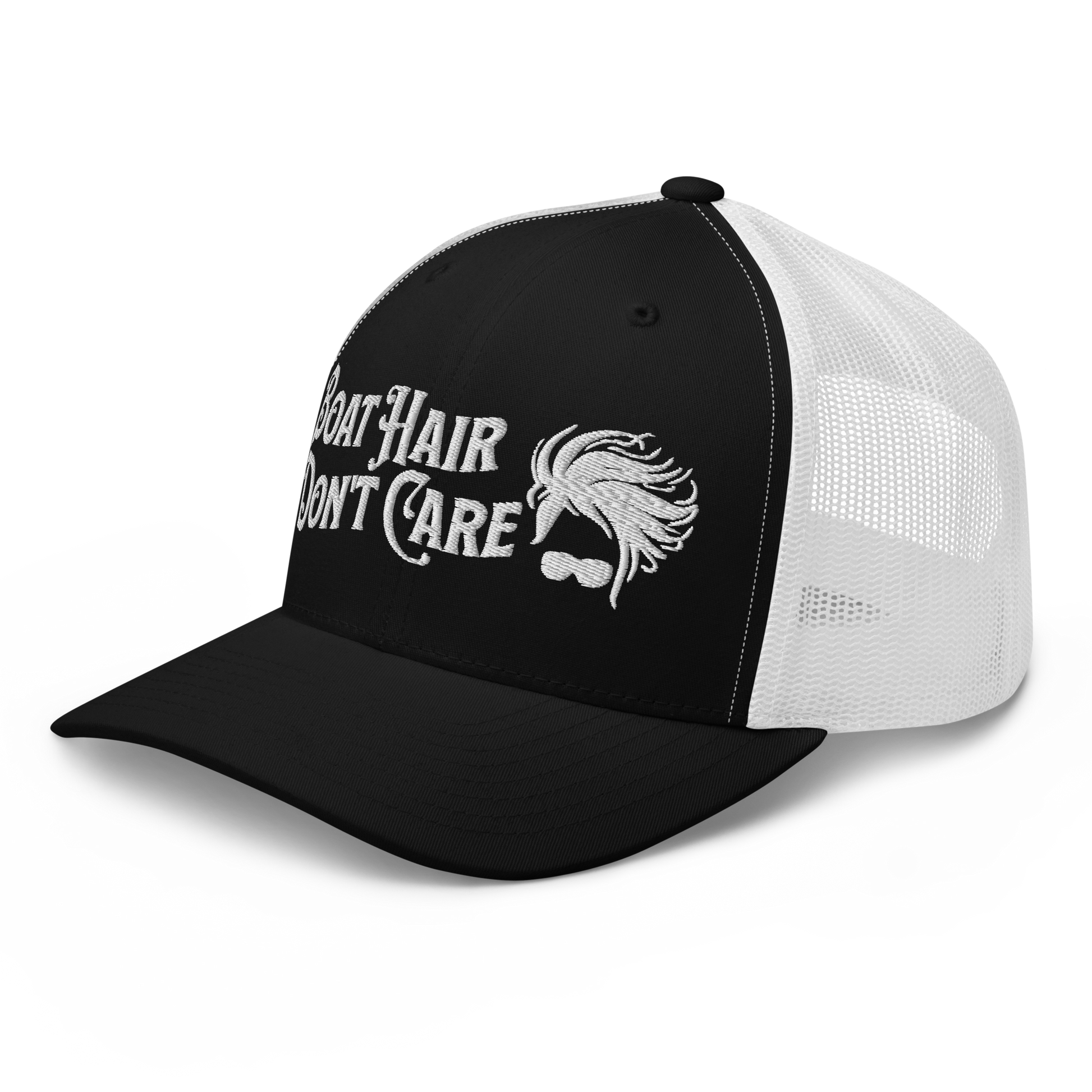 A Boat Hair, Don't Care - Trucker Style Fishing Cap with white mesh backing featuring the embroidered text "Boat Hair Don't Care" alongside a stylized illustration of hair blowing in the wind and a pair of sunglasses, making it the perfect fishing cap for your next adventure.