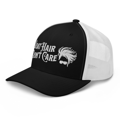 A Boat Hair, Don't Care - Trucker Style Fishing Cap with white mesh backing featuring the embroidered text "Boat Hair Don't Care" alongside a stylized illustration of hair blowing in the wind and a pair of sunglasses, making it the perfect fishing cap for your next adventure.