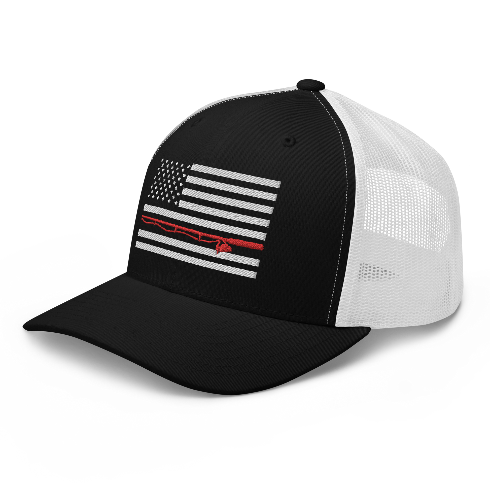 A black Fishing Flag Trucker Cap with an embroidered design of the American flag in white and gray. One of the horizontal stripes is red and features a silhouette of a bass fish. The flag design is centered on the front panel of this fishing enthusiasts hat.