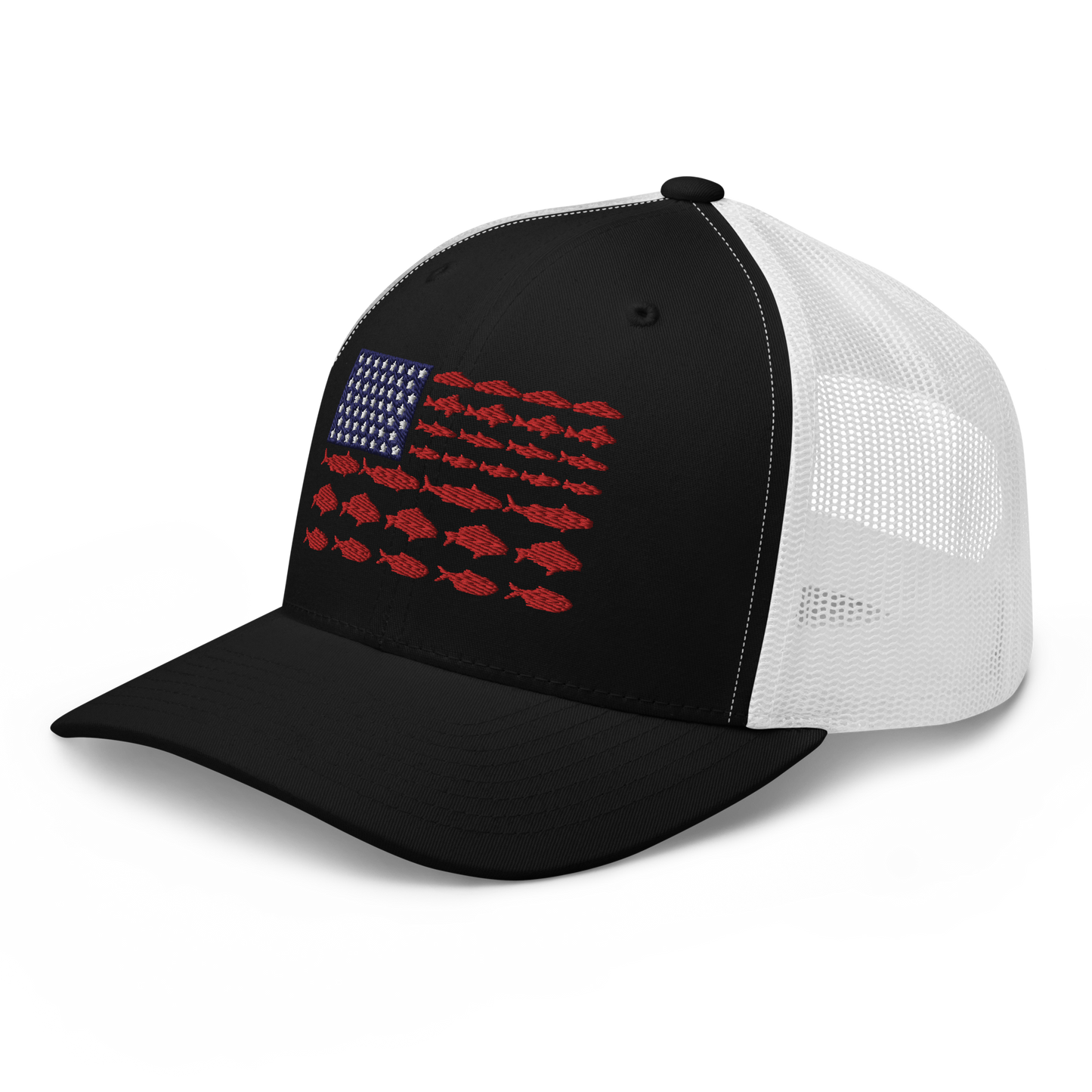 This Fishy Flag Trucker Cap is a black baseball cap featuring an American flag design made up of fish. The blue and white stars section is in the top left, while the red stripes are composed of small fish silhouettes, making it perfect for fishing enthusiasts.