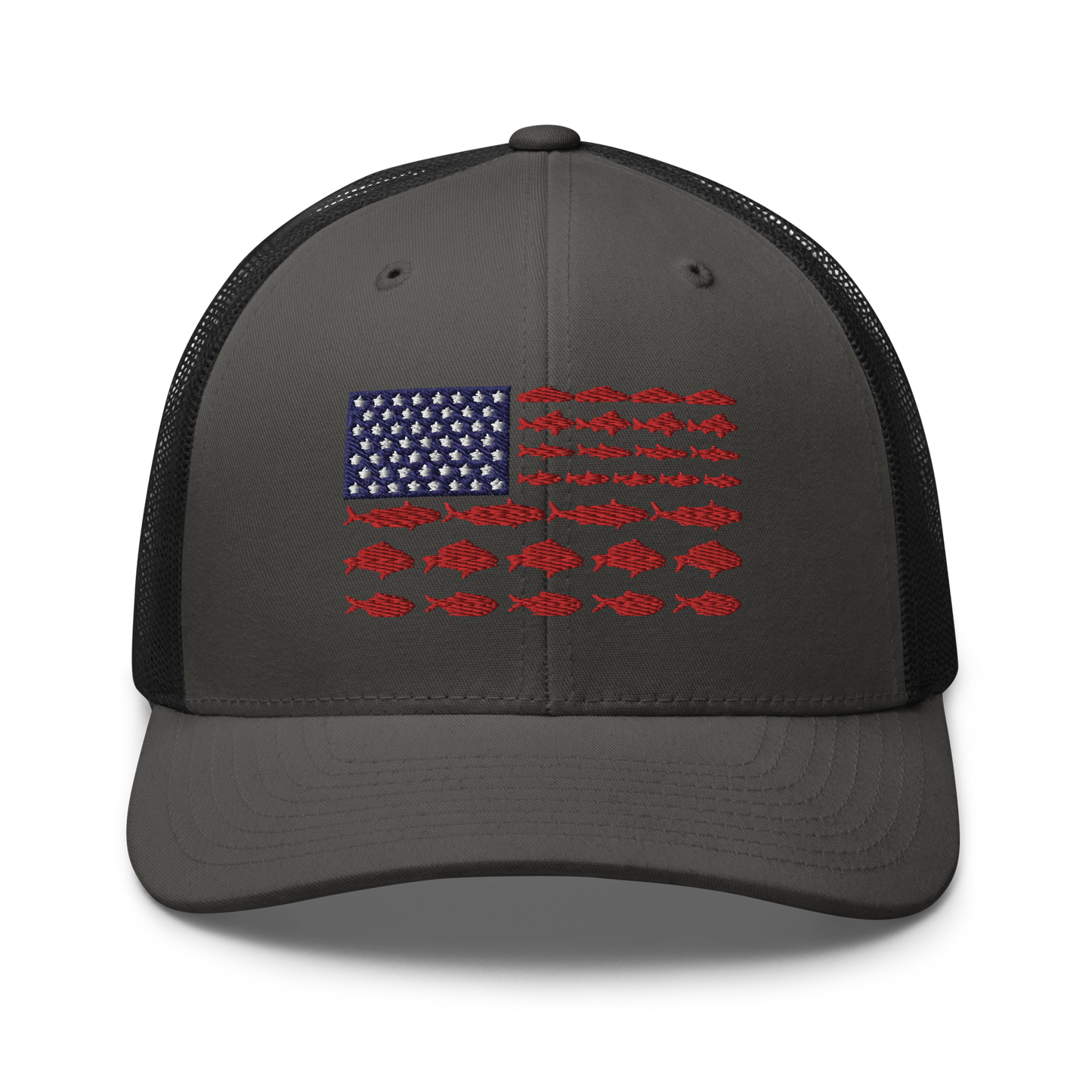 This Fishy Flag Trucker Cap is a black baseball cap featuring an American flag design made up of fish. The blue and white stars section is in the top left, while the red stripes are composed of small fish silhouettes, making it perfect for fishing enthusiasts.