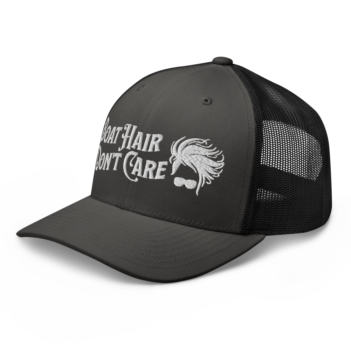 A Boat Hair, Don't Care - Trucker Style Fishing Cap with white mesh backing featuring the embroidered text "Boat Hair Don't Care" alongside a stylized illustration of hair blowing in the wind and a pair of sunglasses, making it the perfect fishing cap for your next adventure.