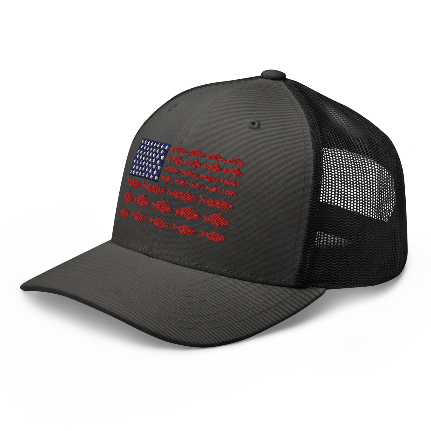 This Fishy Flag Trucker Cap is a black baseball cap featuring an American flag design made up of fish. The blue and white stars section is in the top left, while the red stripes are composed of small fish silhouettes, making it perfect for fishing enthusiasts.