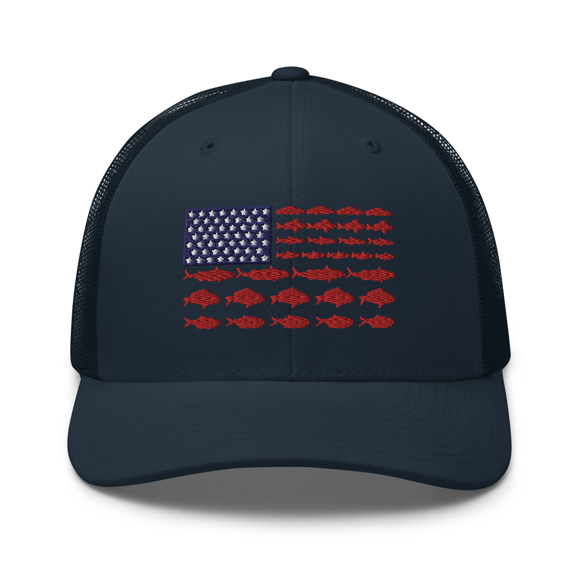 This Fishy Flag Trucker Cap is a black baseball cap featuring an American flag design made up of fish. The blue and white stars section is in the top left, while the red stripes are composed of small fish silhouettes, making it perfect for fishing enthusiasts.