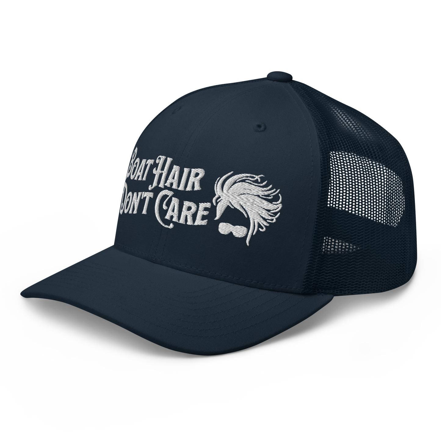 A Boat Hair, Don't Care - Trucker Style Fishing Cap with white mesh backing featuring the embroidered text "Boat Hair Don't Care" alongside a stylized illustration of hair blowing in the wind and a pair of sunglasses, making it the perfect fishing cap for your next adventure.